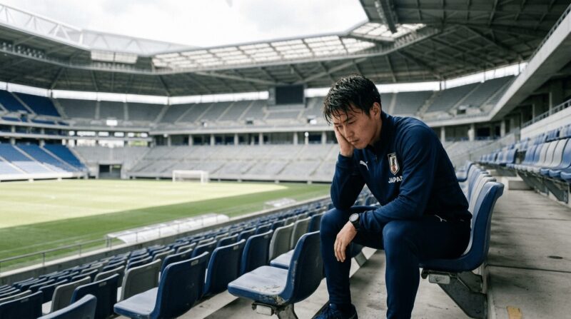 スタジアムのベンチで悲しそうな表情で座っている選手の画像