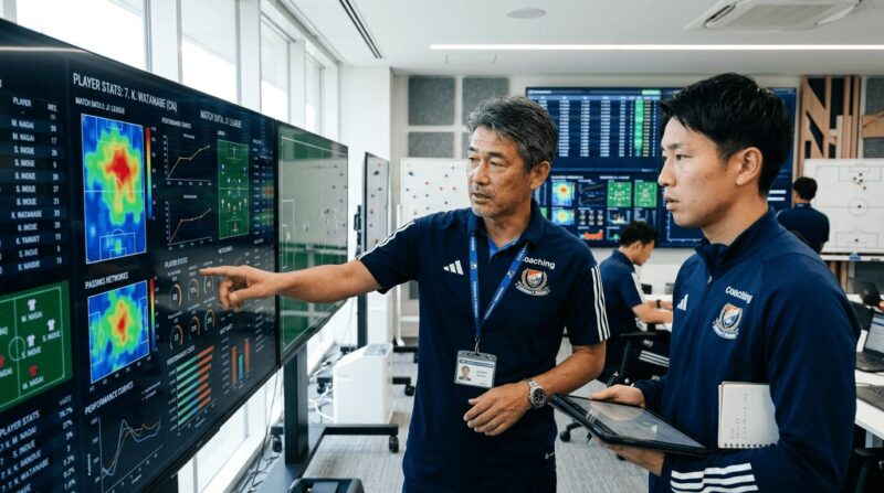 画面のデータを指しながら説明するチームスタッフの画像