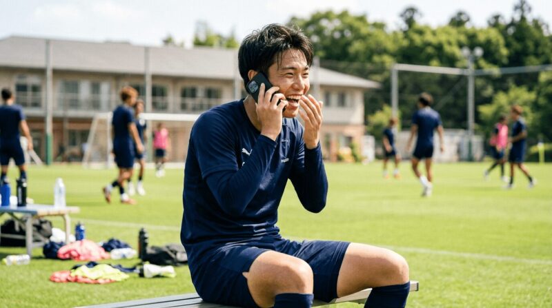 練習中にグラウンド横のベンチで選出の連絡を受けて喜ぶ選手の画像