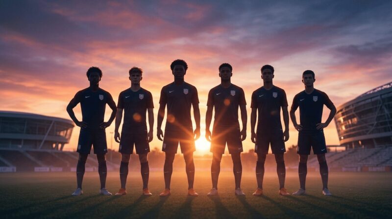 アメリカ代表のユニフォームをきた6人のサッカー選手のシルエット画像