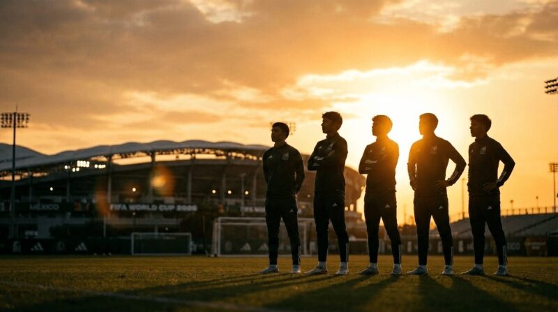 夕日をバックにスタジアムの前で並ぶ5人の選手のシルエット画像