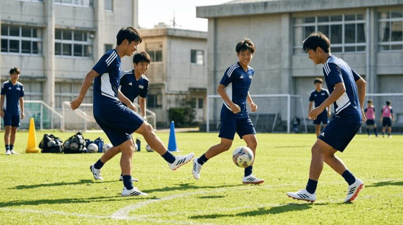 芝生の校庭で部活のサッカーをする生徒たちの画像