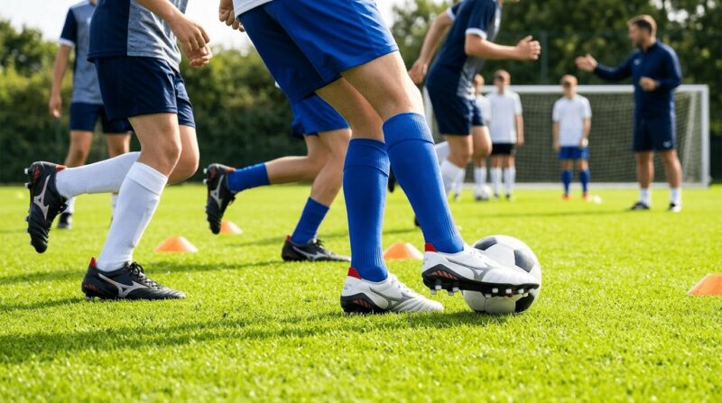 ミズノのスパイクを履いた学生が芝生のグラウンドでサッカーしている画像