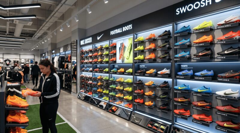 壁一面にナイキのスパイクが展示されているスポーツショップ店内の画像