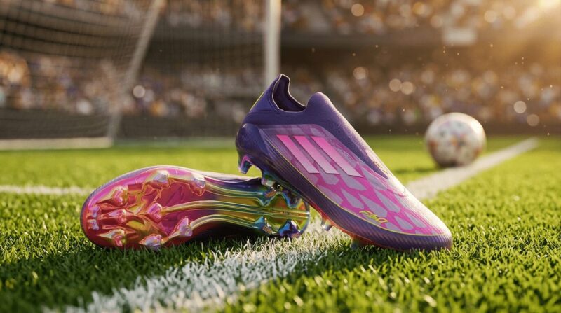 紫色のアディダスF50 ELITE LL限定モデルが芝生のグラウンド上に置かれている画像