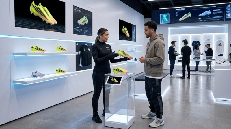 店舗でアディダスF50 ELITE LLの購入を考えている男性と接客する女性店員の画像