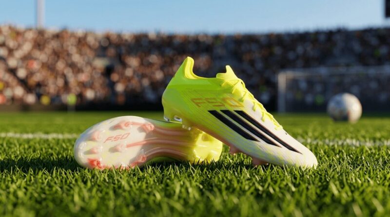 白と黄色のアディダスF50Eliteが芝生上に置かれている画像