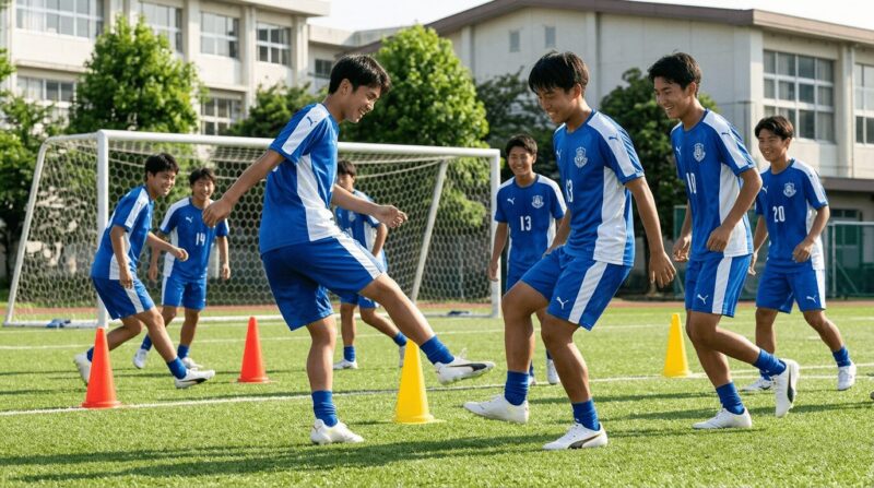 プーマのスパイクを履いた生徒が部活でサッカーの練習をしている画像