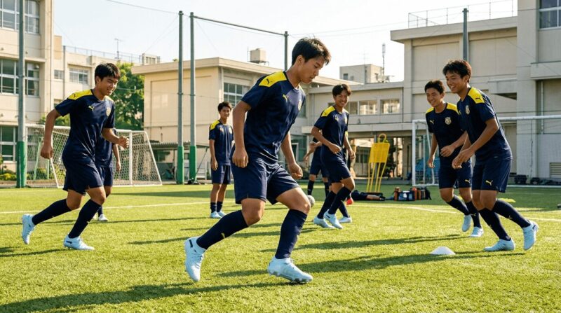 芝生のグラウンドで黒色のジャージを着てプーマのスパイクを履いた学生たちが部活でサッカーをしている画像