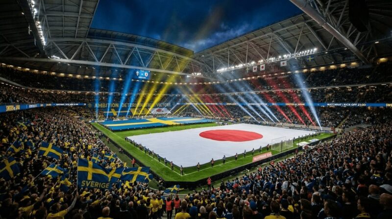 巨大スタジアムで日本の国旗とスウェーデンの国旗がピッチ上に広げられている画像
