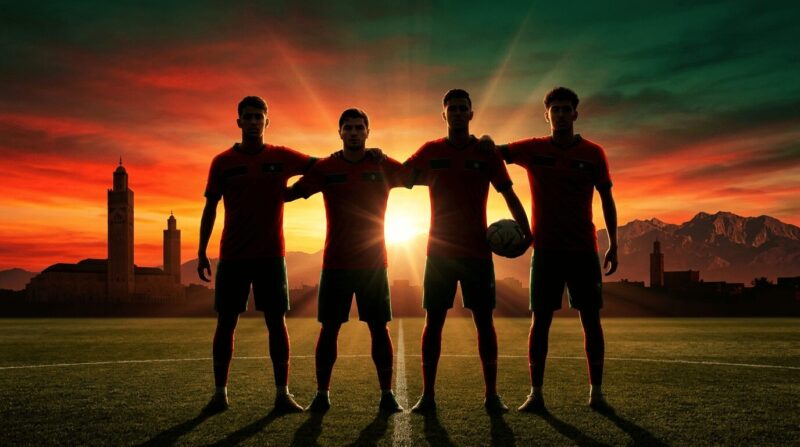 アフリカの大地の夕焼けをバックに4人のサッカー選手が立っているシルエット画像