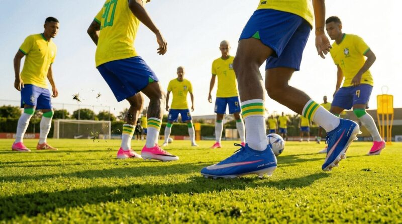 芝生の練習グラウンドでトレーニングするブラジル代表のユニフォームを着た選手たちの画像