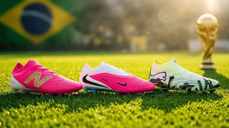 ピッチの上にスパイク3足と後方にワールドカップとブラジル国旗がある画像