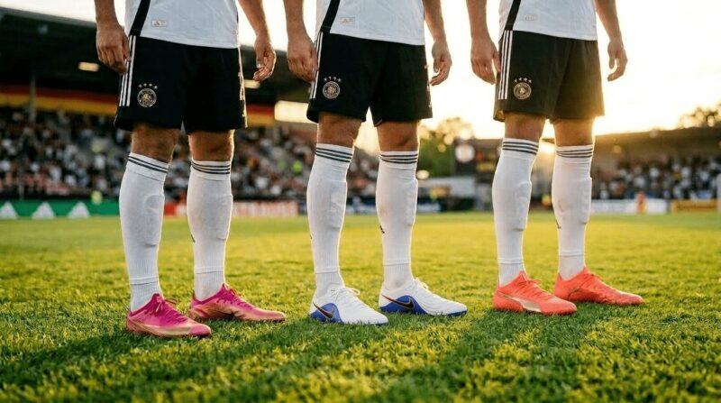 違うスパイクを履く3人の選手がピッチ上に立っている画像