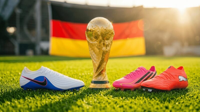 ワールドカップを中心に３足のスパイクが置かれている画像、背後にはドイルの国旗