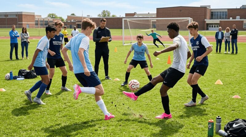 芝生のグラウンドでナイキのスパイクを履いてサッカーの練習をする欧米の中高生の画像