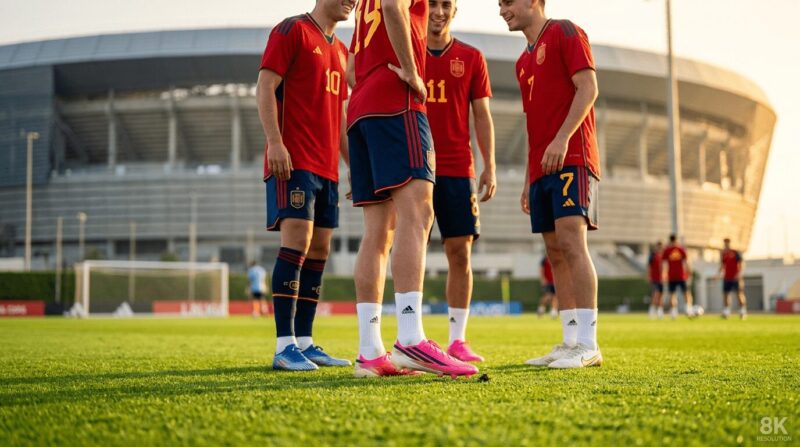 スペイン代表ユニフォームを着た選手がピッチ上で話をしている画像