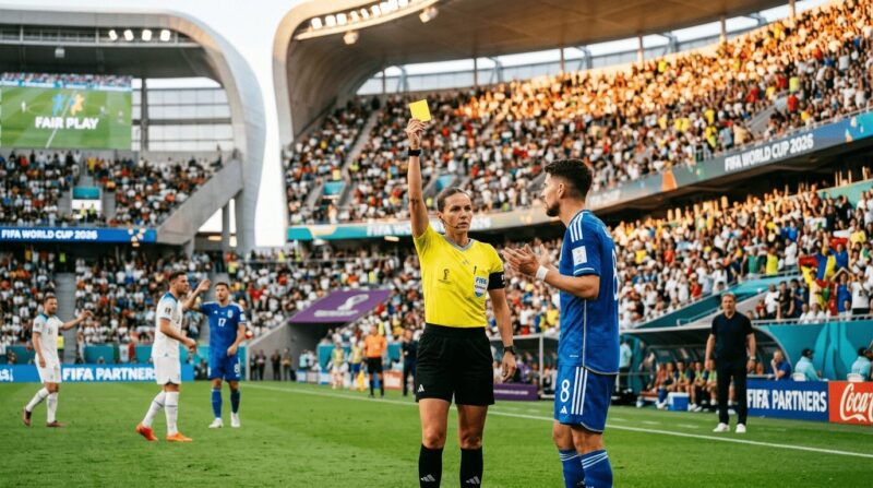 黄色のレフェリーユニフォームを着た女性主審が青いユニフォームの選手に対してイエローカードを提示している画像