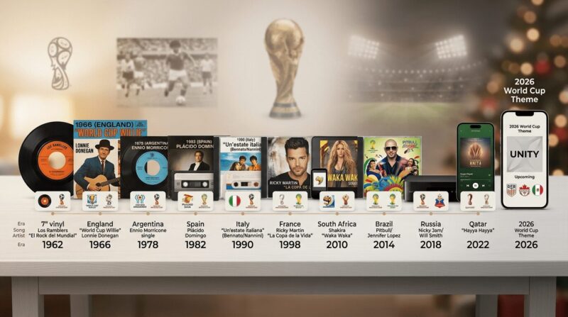 レコード盤やCDがテーブルに並んでいる、後方にはワールドカップやサッカーに関する飾りがある画像