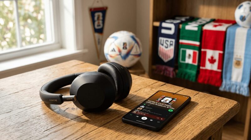 テーブルの上にスマホとヘッドホンが置いてある、後方にサッカーボールと開催国のアメリカ・カナダ・メキシコの3カ国とアルゼンチンのマフラータオルが飾られている画像