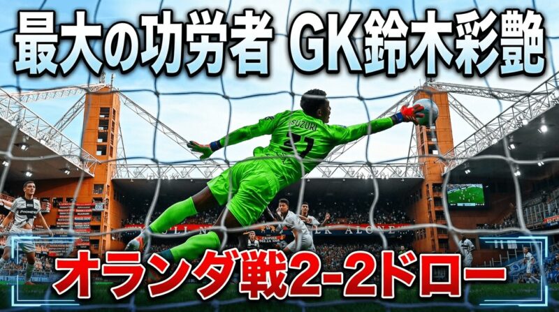 ゴールネット裏からのアングル、GKが横っ飛びでシュートをセーブしている瞬間の画像