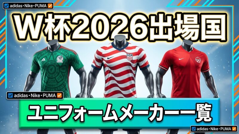 3体のマネキンが各国ユニフォームを着用し、ダイナミックなポーズ。斜めの幾何学ラインとエネルギッシュなグラデーションで躍動感を表現した画像