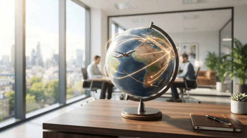 3D地球儀の上に日本から欧州・南米へ伸びる金色光の移籍ルート