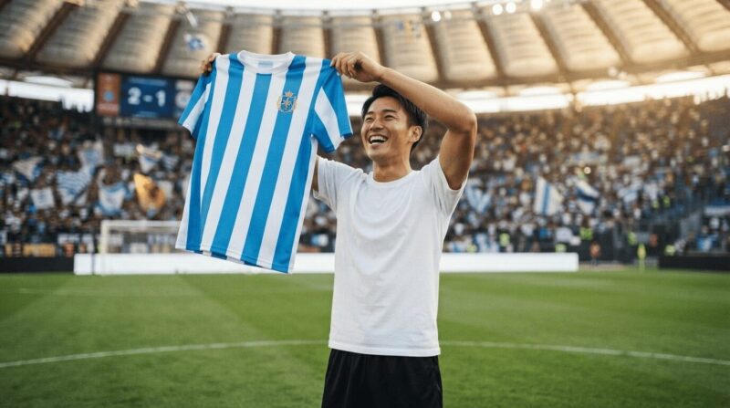 20代の日本人若手プロサッカー選手が、両手で新しいチームのジャージを掲げてガッツポーズ