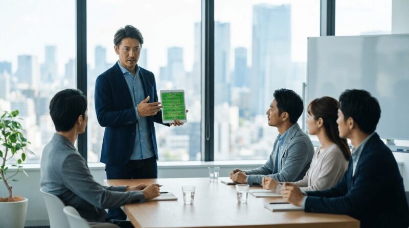 40代の日本人サッカーアナリストがタブレットに戦術フォーメーションを表示し、会議室で同僚に説明している