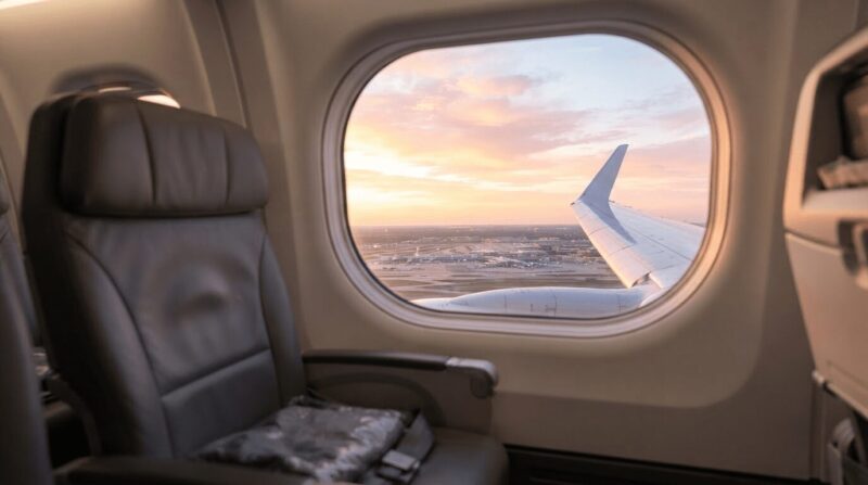 飛行機内からの視点。翼越しに望む希望の朝日と金色〜ピンク色のグラデーションの雲。遠くに空港のシルエット。
