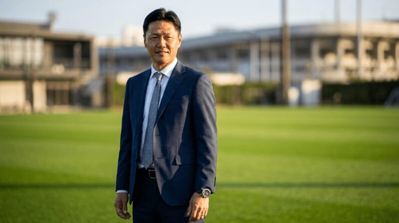 ネイビーのスーツを着た指導者の落ち着いたポートレート