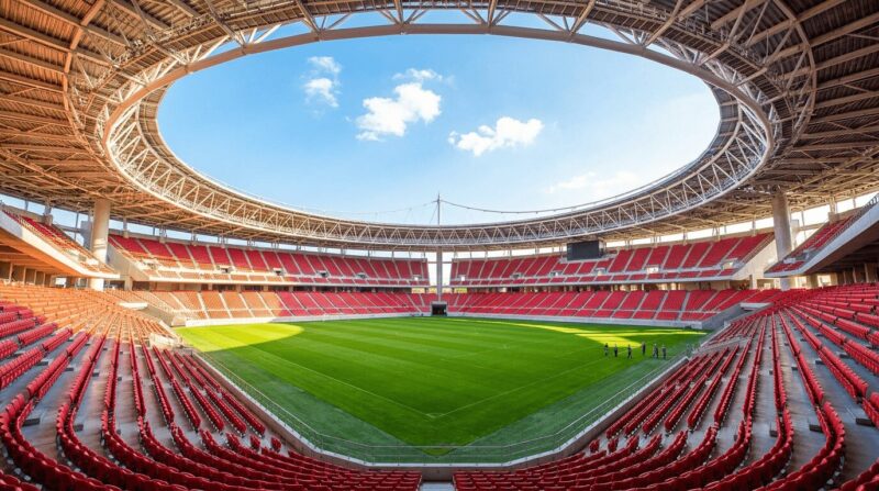 晴天の日中に広がる赤シートのサッカー専用スタジアム全景