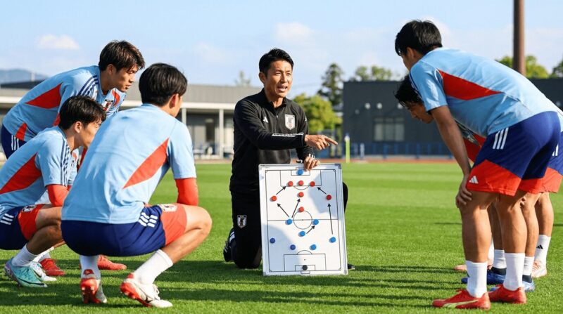 コーチングボードを使って戦術について説明する監督とそれを聞いている選手たち