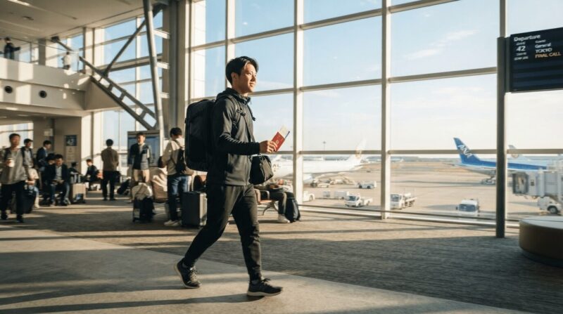 朝陽の差す空港ロビーを歩く若い日本人選手（パスポートと搭乗券を手に）
