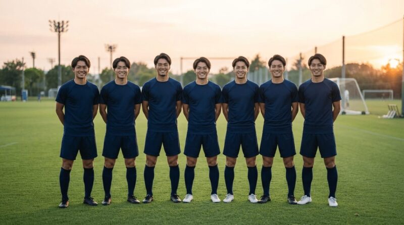 ゴールデンアワーの練習場で、トレーニングウェア姿の若手選手7人が並ぶ