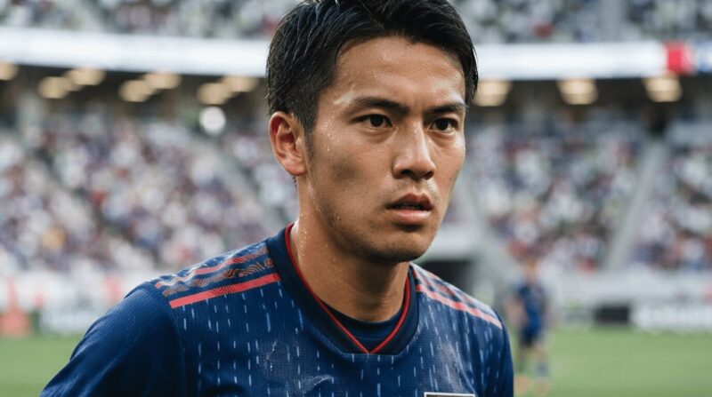 日の丸を意識させる赤の差し色が効いた日本代表ユニフォーム姿の若手選手 背景にはぼやけたスタジアム