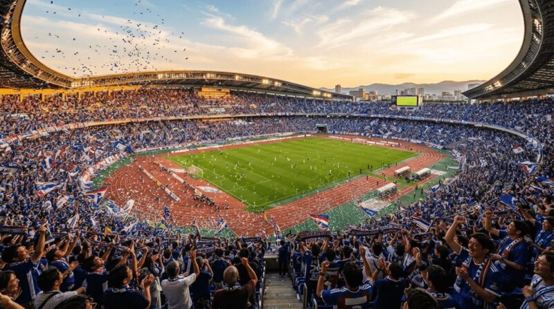 夏の夕暮れ時のスタジアム、紙吹雪が舞い、観客が歓喜するシーン