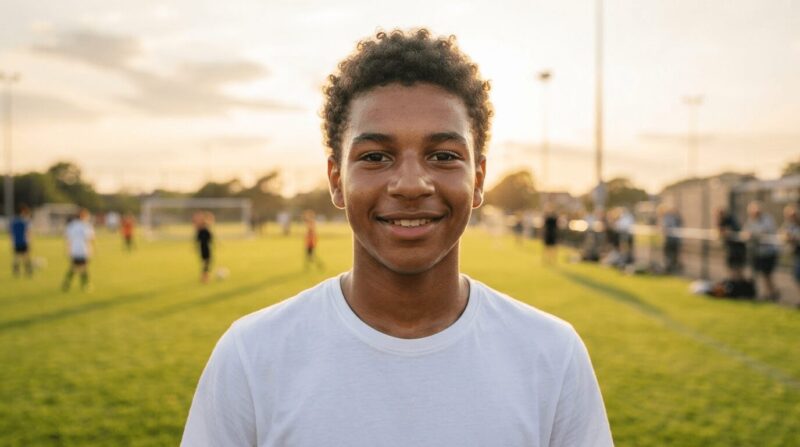 明るい陽光の下、サッカー場を背景にした若き選手のポートレート