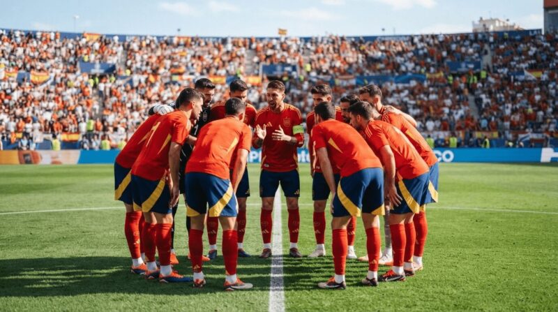 試合前の円陣を組む赤いスペイン代表チーム