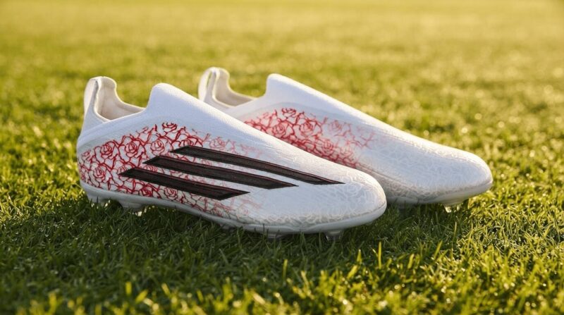 芝生の上に置かれたアッパーに赤いバラの柄をあしらったサッカーシューズの接写