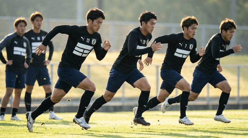 黒い長袖練習着・白ロゴ風デザイン・白ナンバーの若手日本人選手スプリントシーン