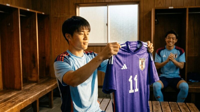 ロッカールームで11番の青い代表ユニフォームを見つめる若手選手