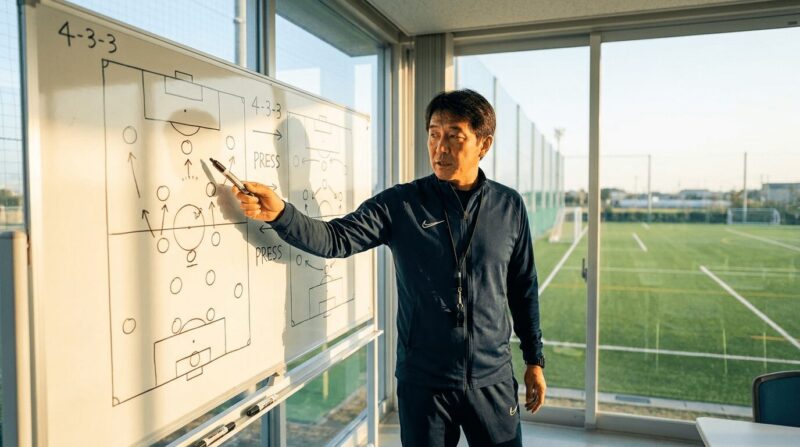 戦術ボードを分析する男性コーチ