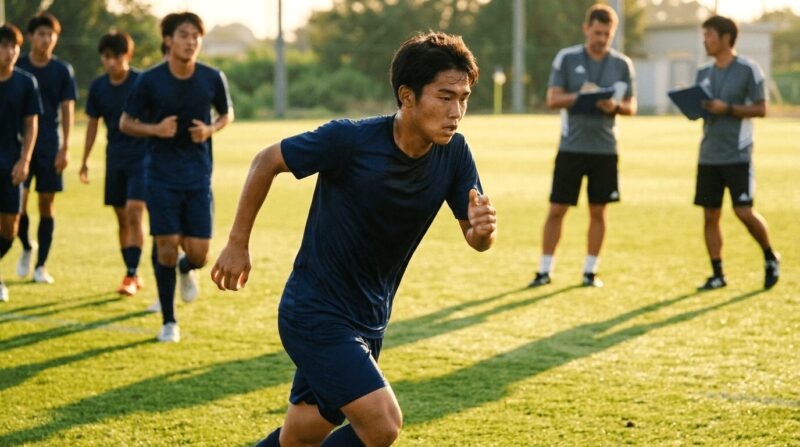 若手選手の集中したサッカーのトレーニング風景