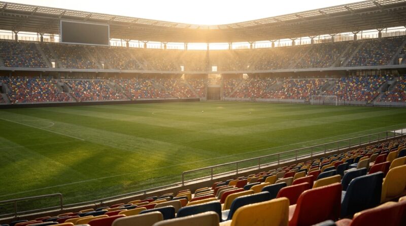 朝の光に照らされる新しい始まりのスタジアム