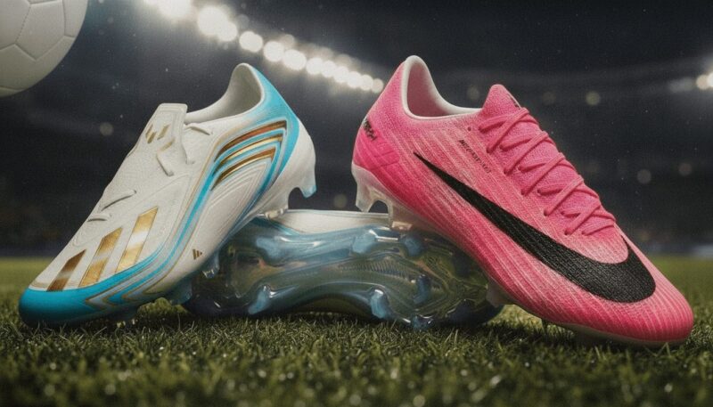 アディダスのF50MessiエリートとNikeのマーキュリアルスーパーフライのスタジアム照明のヒーローショット