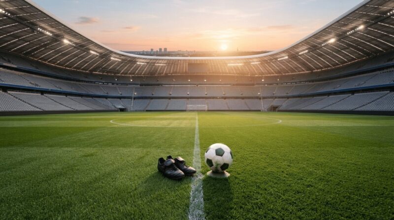 早朝の日差しに包まれたピッチと試合準備の風景