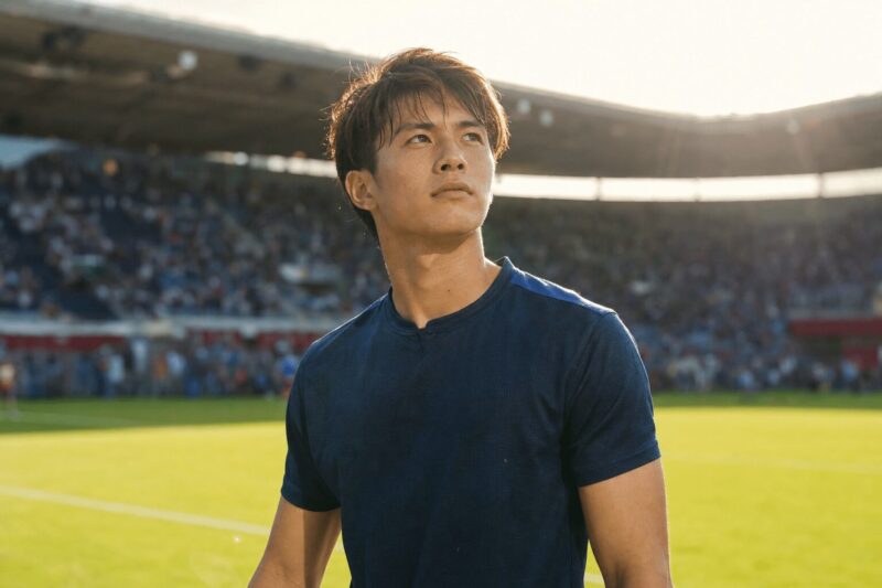 欧州ピッチで汗を光らせながら未来を見つめる日本人選手。金色の夕陽が希望の雰囲気を演出。