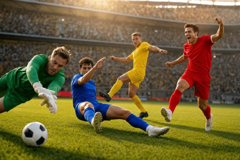 GK・DF・MF・FWがそれぞれ異なるアクションで映る4人の選手。ゴールデンアワー。