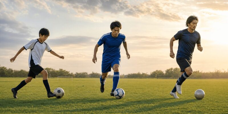 10代・20代・30代の日本人選手が同じピッチで連続するキャリア進行のメタファー。